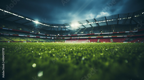 Ground view on the grass on the sports field on the lawn in the grass in a football stadium with a soccer goal
