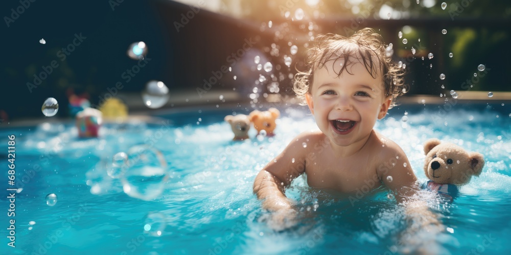 Bebê sorridente brincando na piscina com brinquedos aquáticos de banho