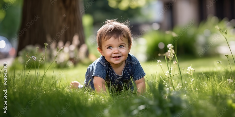 Bebê sorridente engatinhando em um ambiente ao ar livre Bebê sorridente engatinhando em um ambiente ao ar livre