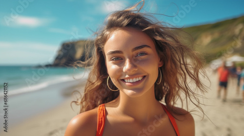 joyful caucasian woman in bikini on tropical beach, warm summer afternoon, vacation at fictional sandy shore © wetzkaz