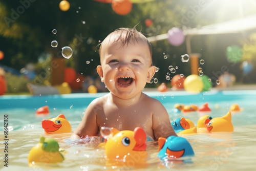 Bebê sorridente brincando na piscina com brinquedos aquáticos de banho photo
