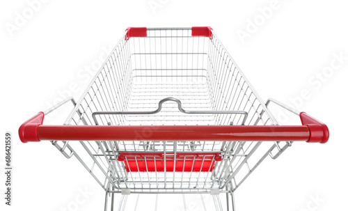 Empty metal shopping cart on white background