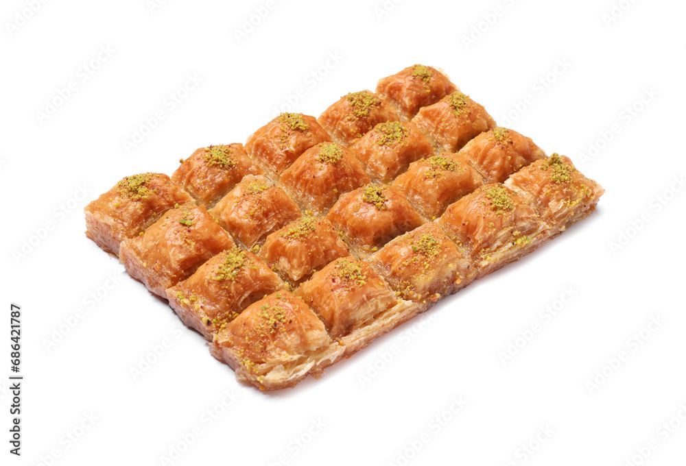 Delicious sweet baklava with pistachios isolated on white Delicious sweet baklava with pistachios isolated on white