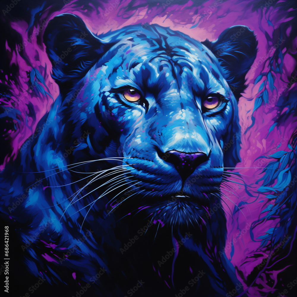 A digital painting of a blue tiger on a purple background