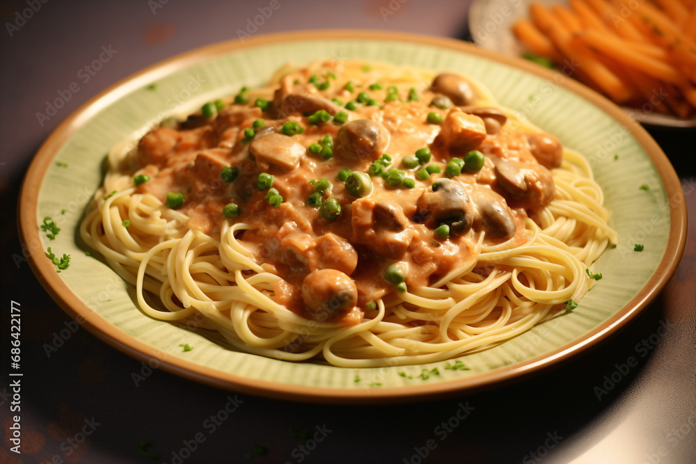 A plate of pasta with mushrooms sauce and peas