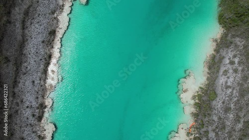 Aerial view of clear water in Los Rápidos de Bacalar, Mexico