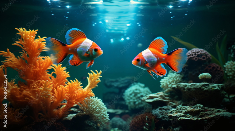 A couple of clownfish swimming on a fish tank aquarium