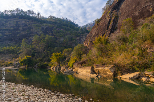 The river and the strange shaped rocks background around Wuyishan  China