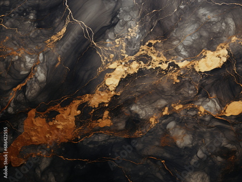 A close up of a black and gold marble texture background