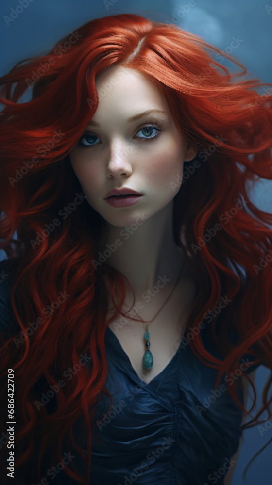 A woman with red hair and a blue dress fantasy character digital painting