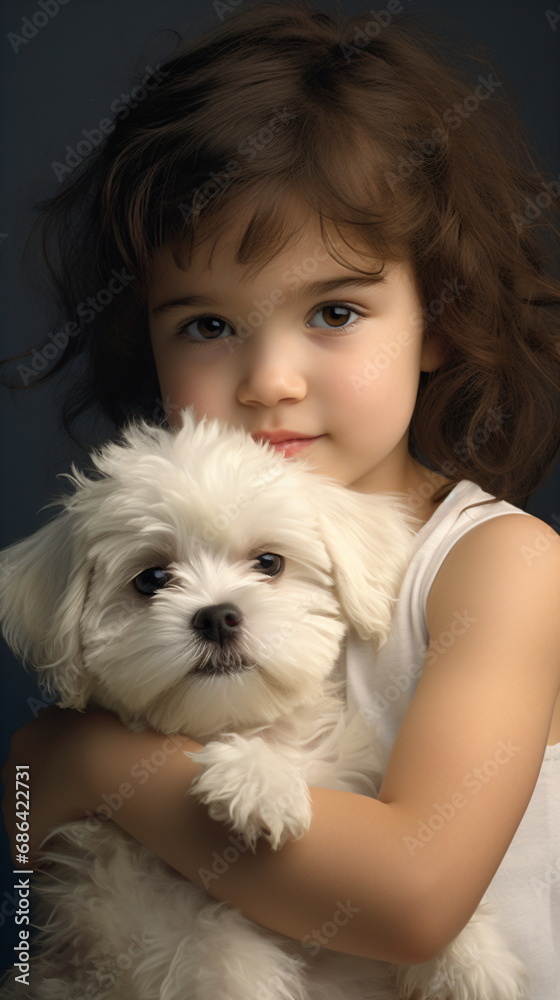 A little girl holding a white dog in her arms A little girl holding a white dog in her arms