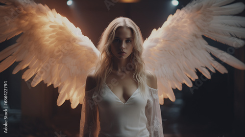 Young and beautiful blonde woman with blue eyes, wearing a white dress and unfurling angelic white wings. Appearance of a guardian angel to watch over and protect, isolated against a dark background photo