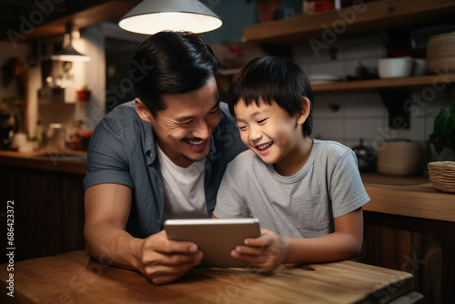The happy photo shot of an Asian parent and child is looking and using a tablet in a kitchen room together. Generative AI.