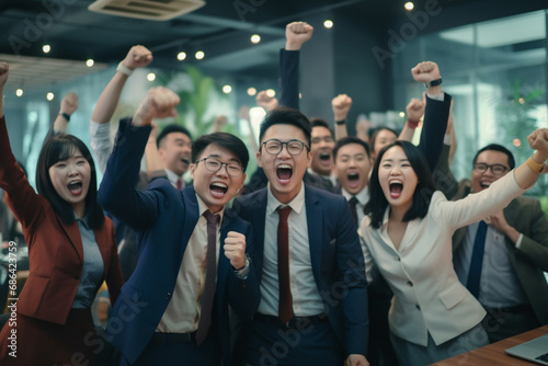 A happy young adult Asian employee business team rises up in joy of succession in office workplace. Generative AI.