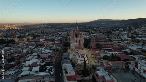 Aerial view of the Parroquia de San Miguel Arcángel in San Miguel de Allende at sunrise