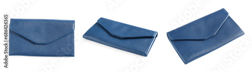 Stylish blue wallet isolated on white, set photo