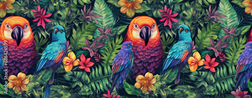 Tropical exotic pattern with animal and flowers in bright colors and lush vegetation. Ai Generative.