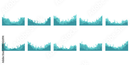 A set of ocean landscape silhouette. Sea underwater background. Ocean bottom with seaweeds. Vector marine scene