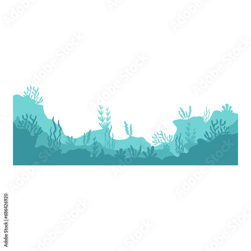 Ocean landscape silhouette. Sea underwater background. Ocean bottom with seaweeds. Vector marine scene