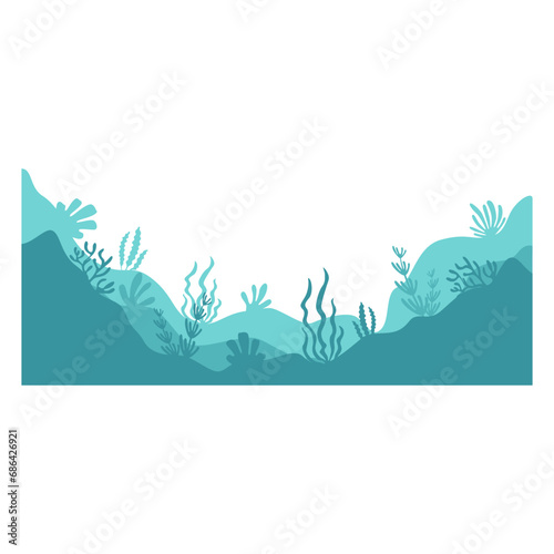 Ocean landscape silhouette. Sea underwater background. Ocean bottom with seaweeds. Vector marine scene