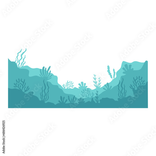 Ocean landscape silhouette. Sea underwater background. Ocean bottom with seaweeds. Vector marine scene