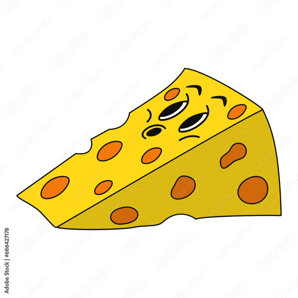 Retro cute cheese character. Cheese with cartoon face. Cheese day. Vector illustration.