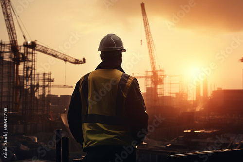 The backside shot of a male labor worker standing on the top of the building's scaffolding construction to check projects at the worksite at the sunset time. Generative AI.