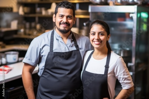 Smiling young hispanic couple posing at their restaurant kitchen photo