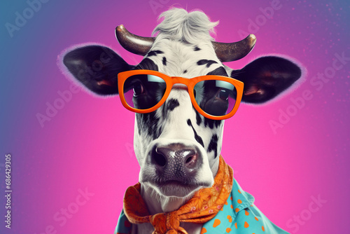 Retro hair style cow on bright background, looking trendy