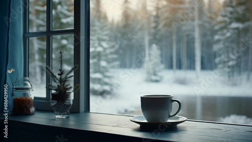 warm coffee with cozy winter morning vibe. seamless looping virtual video animation background. Generated with AI photo