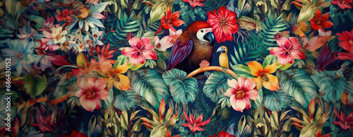 Tropical exotic pattern with animal and flowers in bright colors and lush vegetation. Ai Generative. © Mix and Match Studio