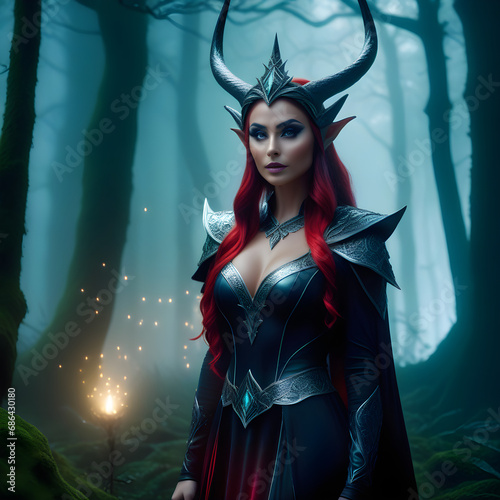 8K Resolution, Clear Focus, Frozen Movement, Scary Magical Forest, Fog, Broken Glass, Strong, Sacred, Mysterious, Divine Aura, Scene from a Movie, Diablo Elf Woman.(Generative AI) 