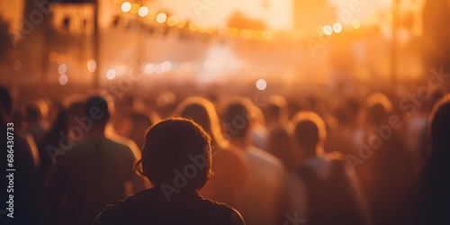 back view of people on a music festival in the evening out of focus bokeh blurred bright lights - Generative ai