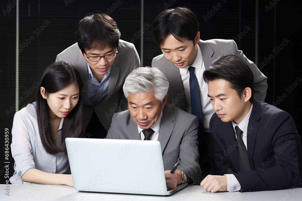 A group of business employees are looking at a data document in a laptop at an office conference and meeting room. Generative AI. A group of business employees are looking at a data document in a laptop at an office conference and meeting room. Generative AI.