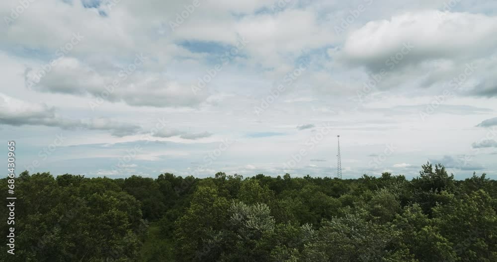 Densely Forest Trees Against Cloudscape Sky Near Lamar, Barton County, Missouri, United States. Aerial Shot Densely Forest Trees Against Cloudscape Sky Near Lamar, Barton County, Missouri, United States. Aerial Shot