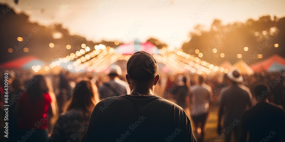 back view of a man silhouette on a music festival in the evening out of focus bokeh blurred bright lights - Generative ai
