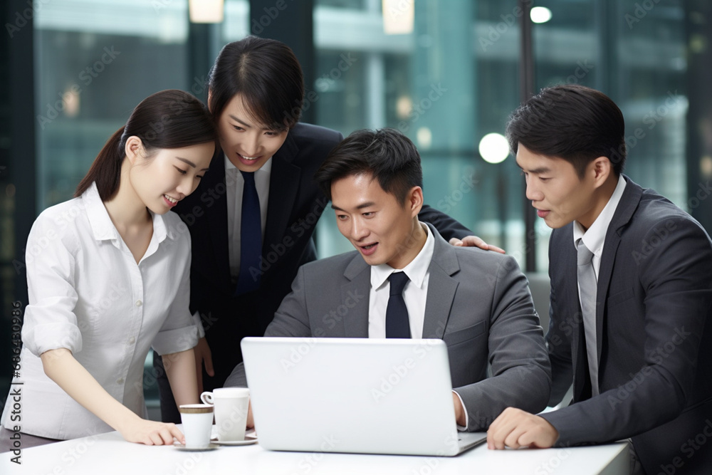 A group of business employees are looking at a data document in a laptop at an office conference and meeting room. Generative AI.