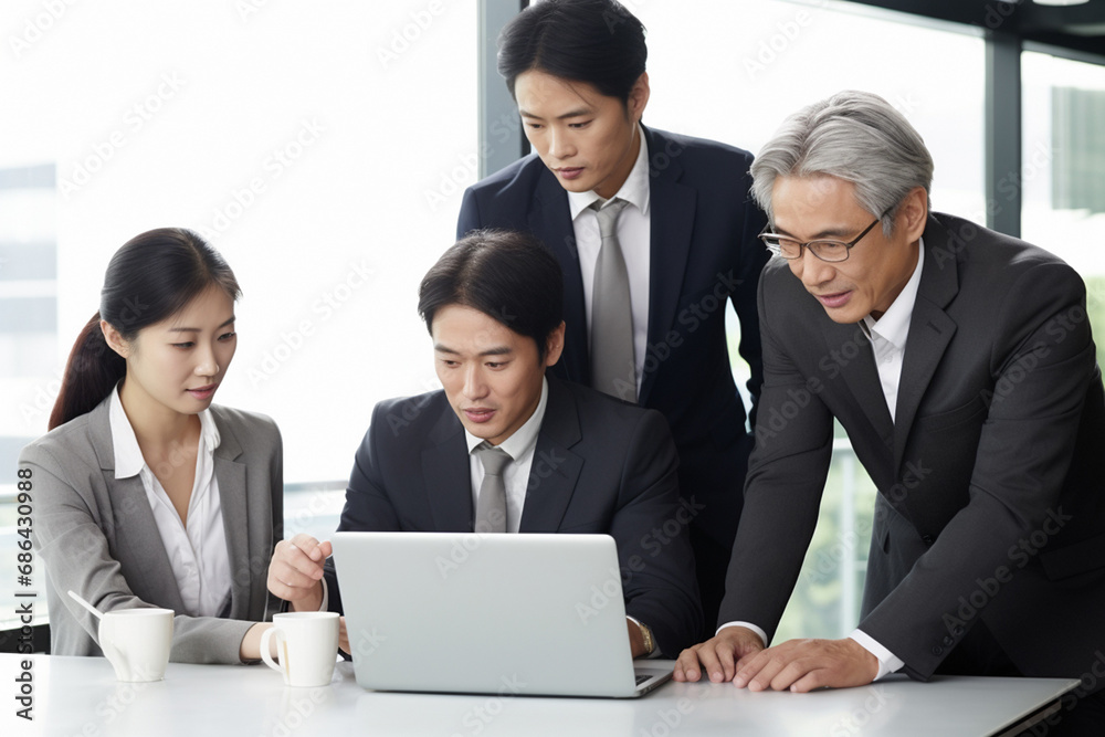 A group of business employees are looking at a data document in a laptop at an office conference and meeting room. Generative AI. A group of business employees are looking at a data document in a laptop at an office conference and meeting room. Generative AI.