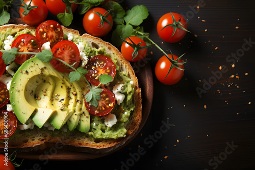Obraz na płótnie Avocado toast on a wood table, with copy space w salonie