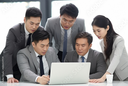 A group of business employees are looking at a data document in a laptop at an office conference and meeting room. Generative AI.