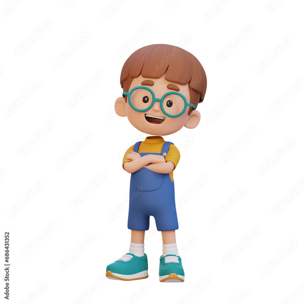 3D cute kid character in confident pose crossed hand