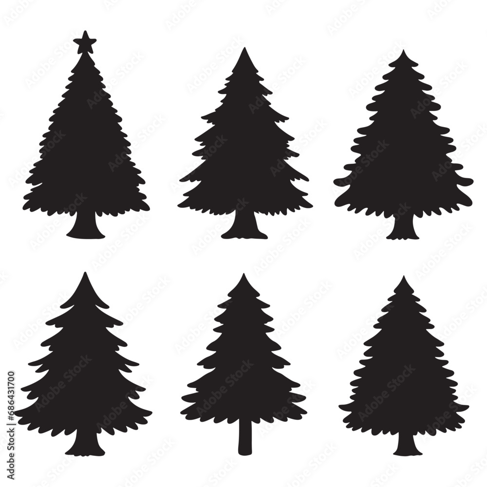 Fototapeta premium Isolated Pine on the white background. Pine silhouettes. Tree hand drawn. Vector EPS 10. 
