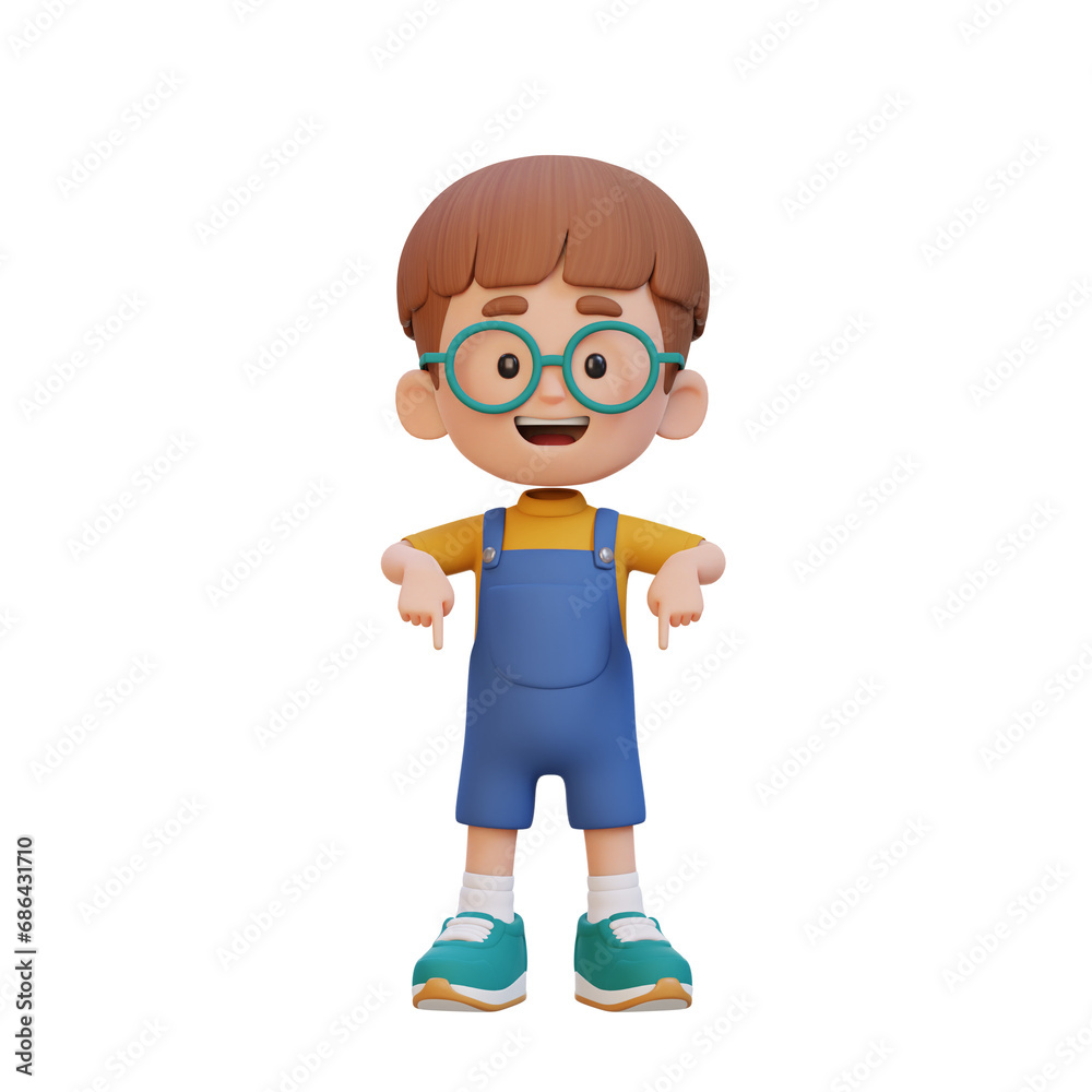 3D cute kid pointing hand to bottom