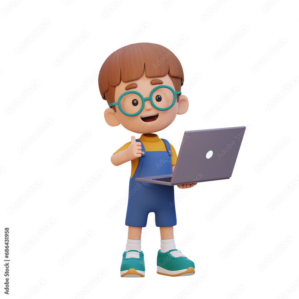 3D cute kid character give a thumb up while holding a laptop