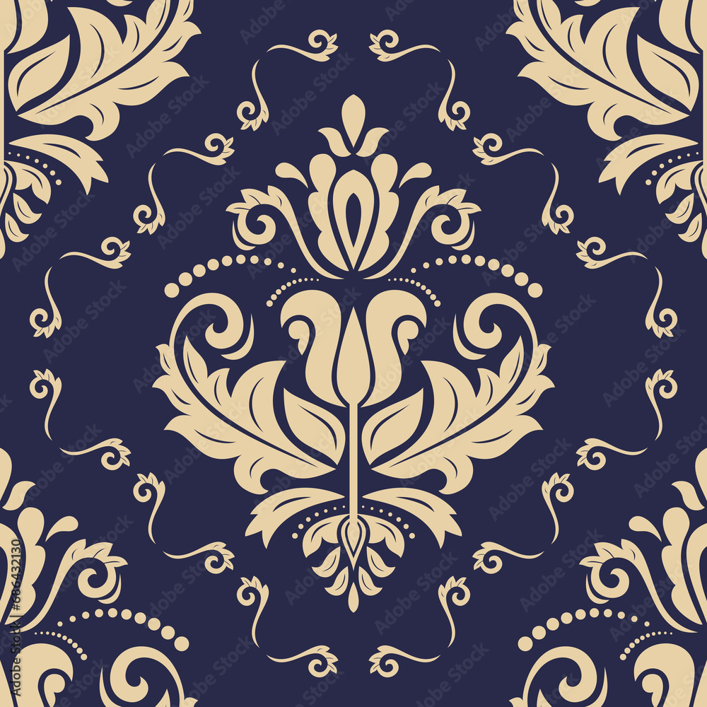 Classic seamless pattern. Damask orient ornament. Blue and golden classic vintage background. Orient pattern for fabric, wallpapers and packaging Classic seamless pattern. Damask orient ornament. Blue and golden classic vintage background. Orient pattern for fabric, wallpapers and packaging