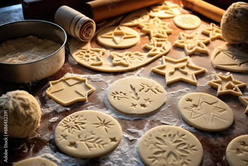 festive baking session with hands kneading dough or cookie cutters on a floured surface, promising warmth and culinary delight