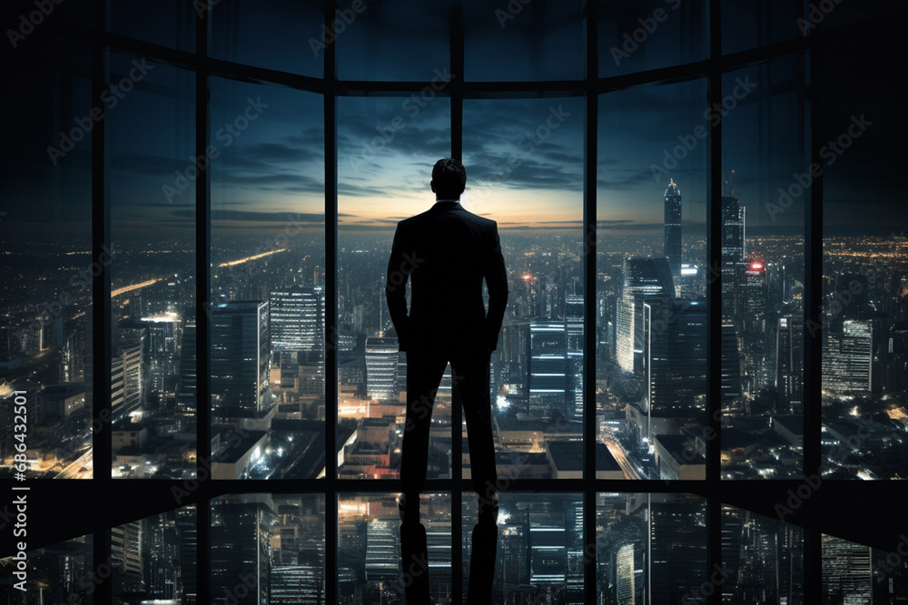 Backside portrait of male CEO Chief Executive standing on top office floor and looking at cityscape with skyscrapers and electric lights at night through wall windows. Generative AI. Backside portrait of male CEO Chief Executive standing on top office floor and looking at cityscape with skyscrapers and electric lights at night through wall windows. Generative AI.