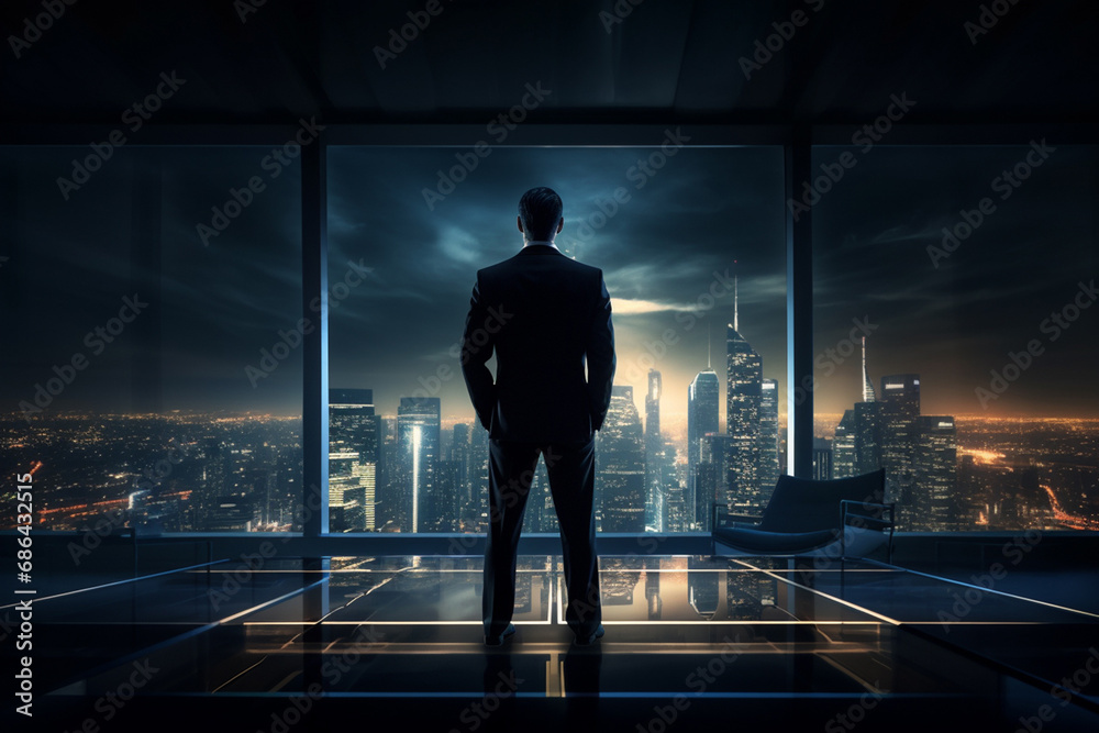 Backside portrait of male CEO Chief Executive standing on top office floor and looking at cityscape with skyscrapers and electric lights at night through wall windows. Generative AI.