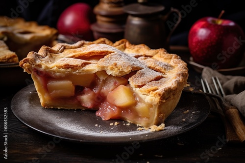 Delight in a slice of warm fruit pie on a rustic plate, capturing the flaky crust and fruity fillings amidst a charming baking scene with homemade allure