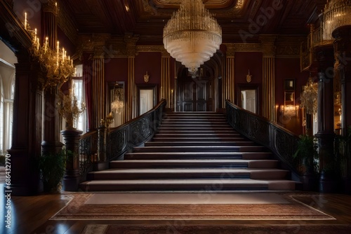 A grand foyer with a sweeping staircase  crystal chandelier  and intricate architectural details  creating an elegant entryway